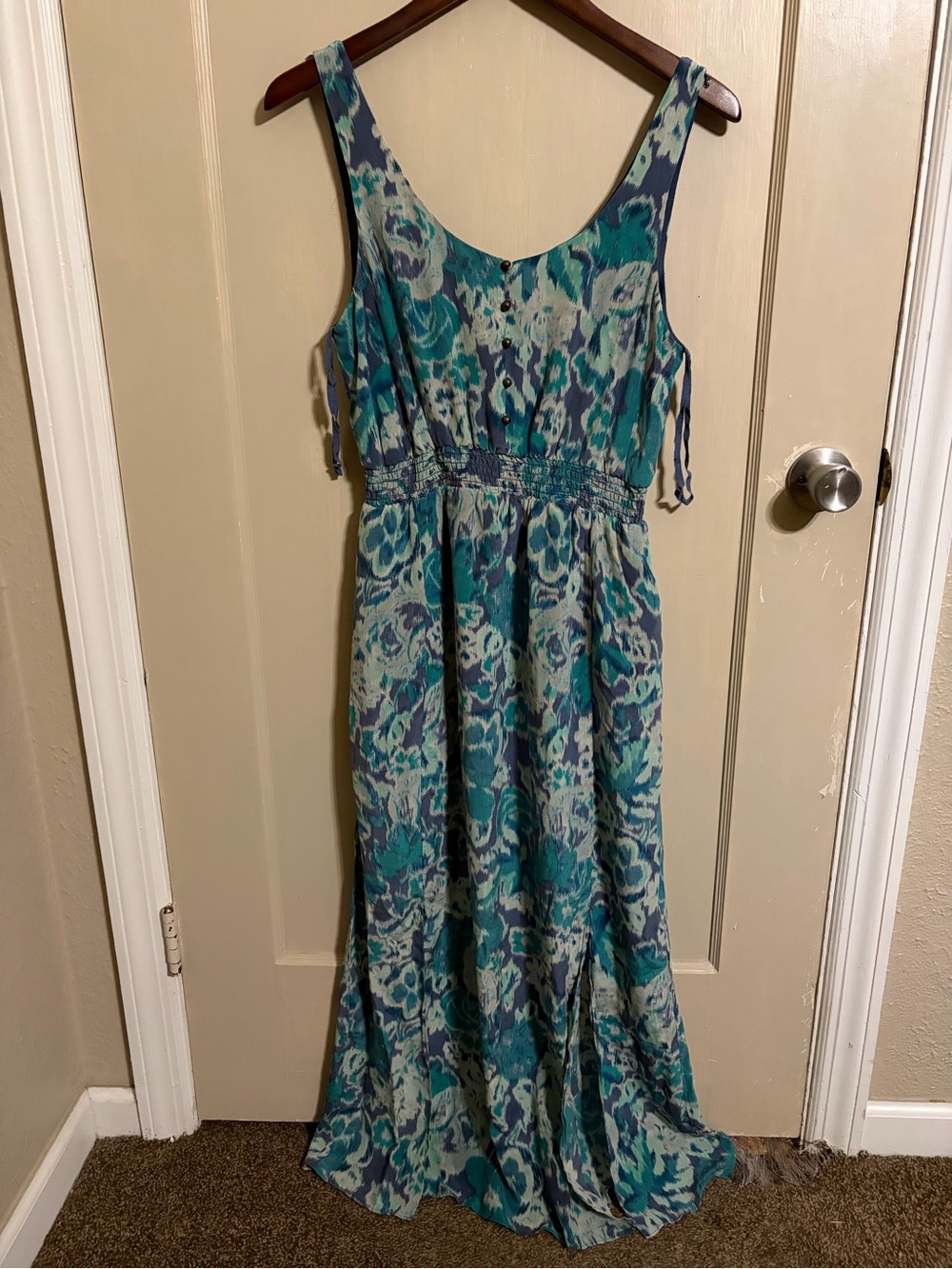 Maeve for Anthropologie silk watercolor smocked maxi dress